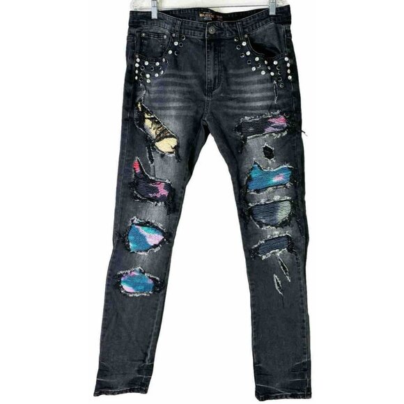 Majestik Denim Set (Jacket XL, Jeans 36x30) Embellished King Panda Destroyed GUC - Picture 5 of 13